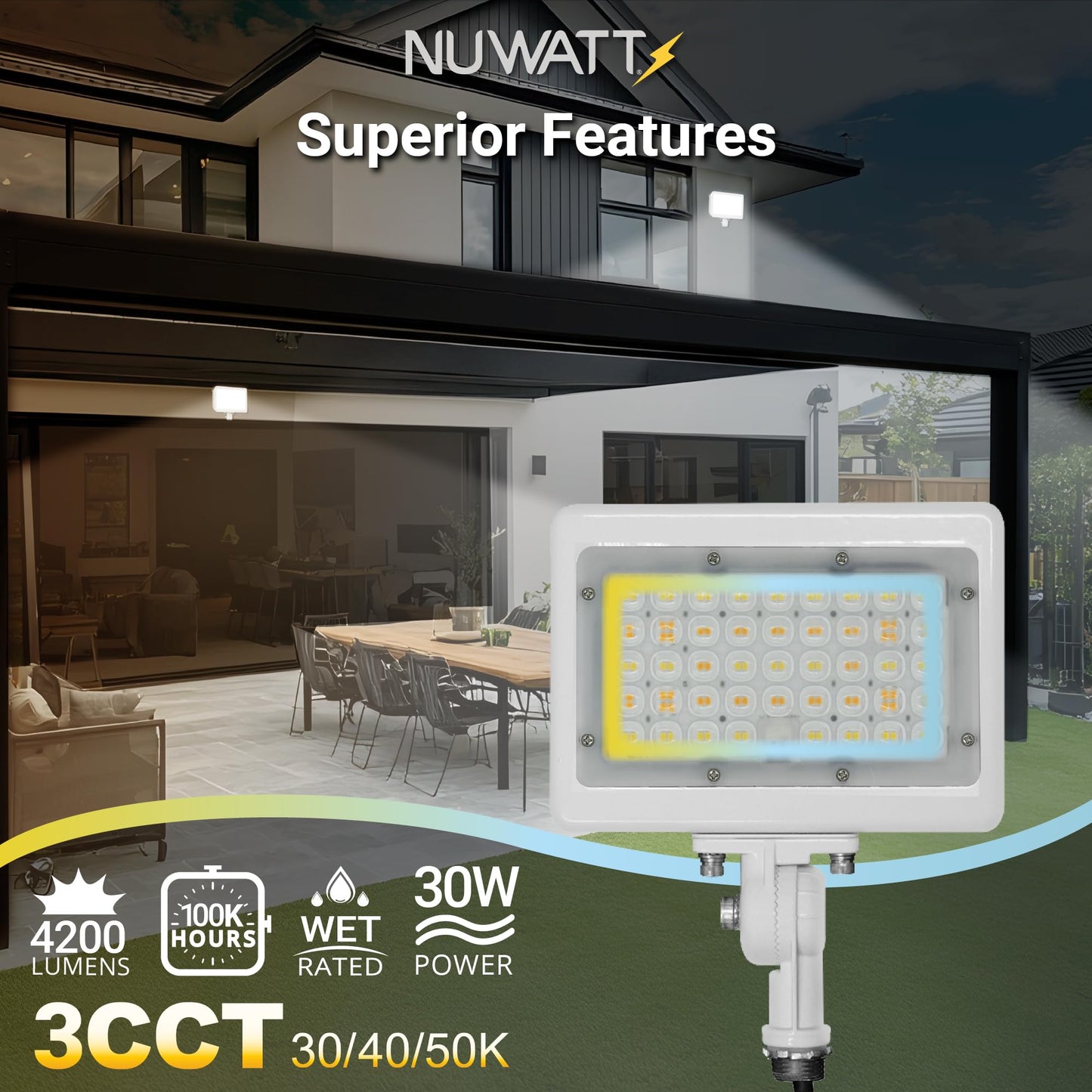 NUWATT 30W LED Flood Light, 3CCT 3000K/4000K/5000K Selectable, IP65 Waterproof Lighting, Adjustable Knuckle Mount, 4200LM, 0-10V Dimmable, 120-277V