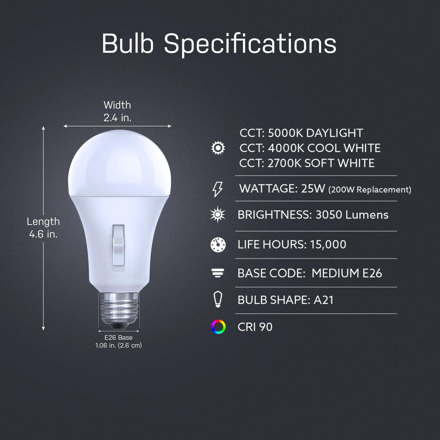 Feit Electric A21 LED Light Bulb, 200W Eq, 3CCT, E26 Base