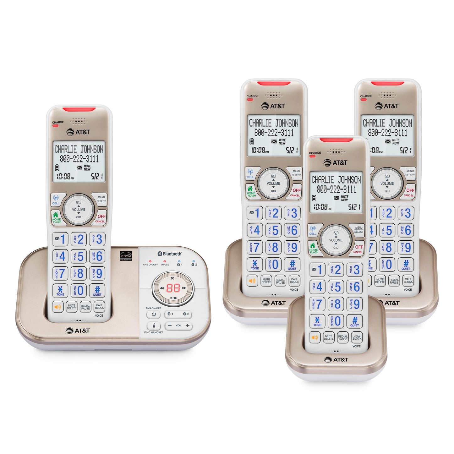 AT&T BL3112-4 Cordless Phone for Home - 4 Handsets, DECT 6.0, Bluetooth Cell Connect, Answering Machine, Smart Call Blocker, Caller ID, Intercom