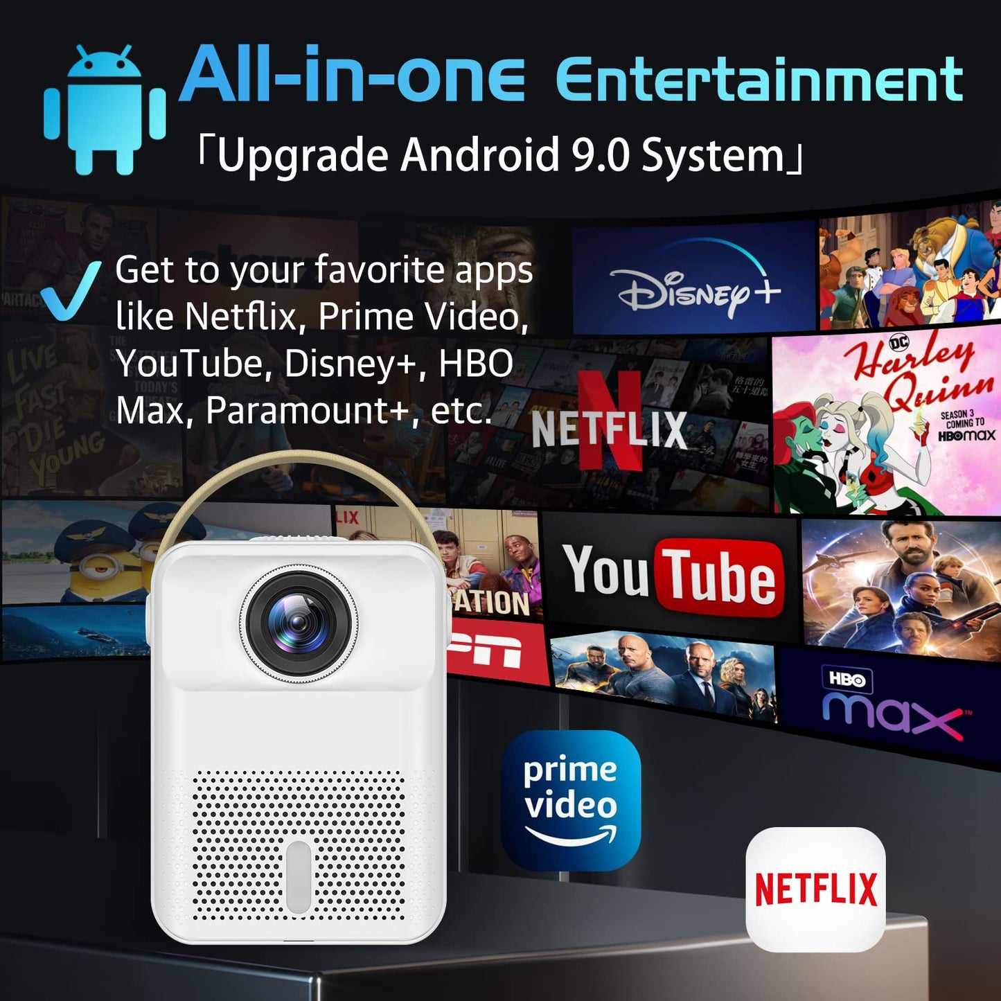 Smart Projector 4K Android System, 15000Lm Mini Projector with WiFi and Bluetooth, 4K Outdoor Projector Max 300” Digital ±45° 4D Keystone Zoom