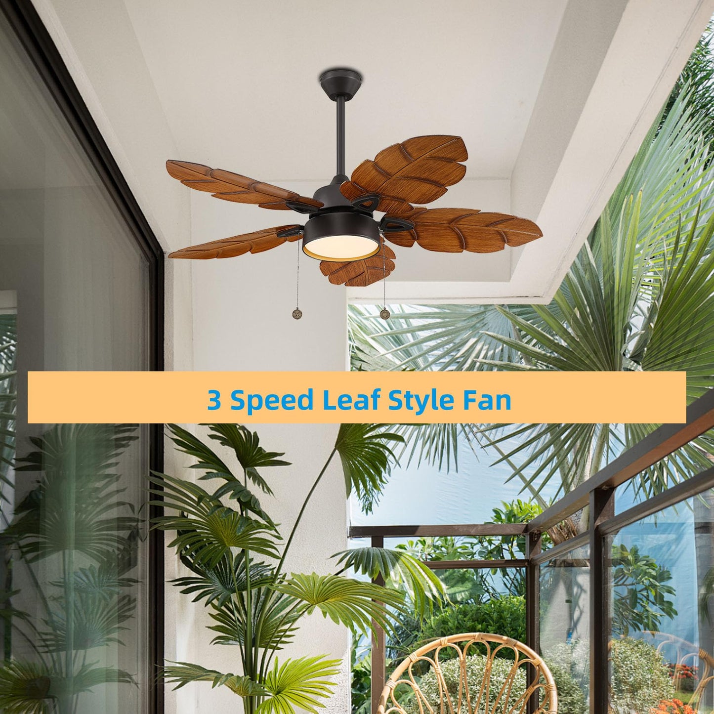 senroyal 52 Inch Tropical Ceiling Fan with Light, Pull Chain, Palm Leaf Indoor Outdoor Ceiling Fan with Light for Patio, Living Room, Reversible Fan