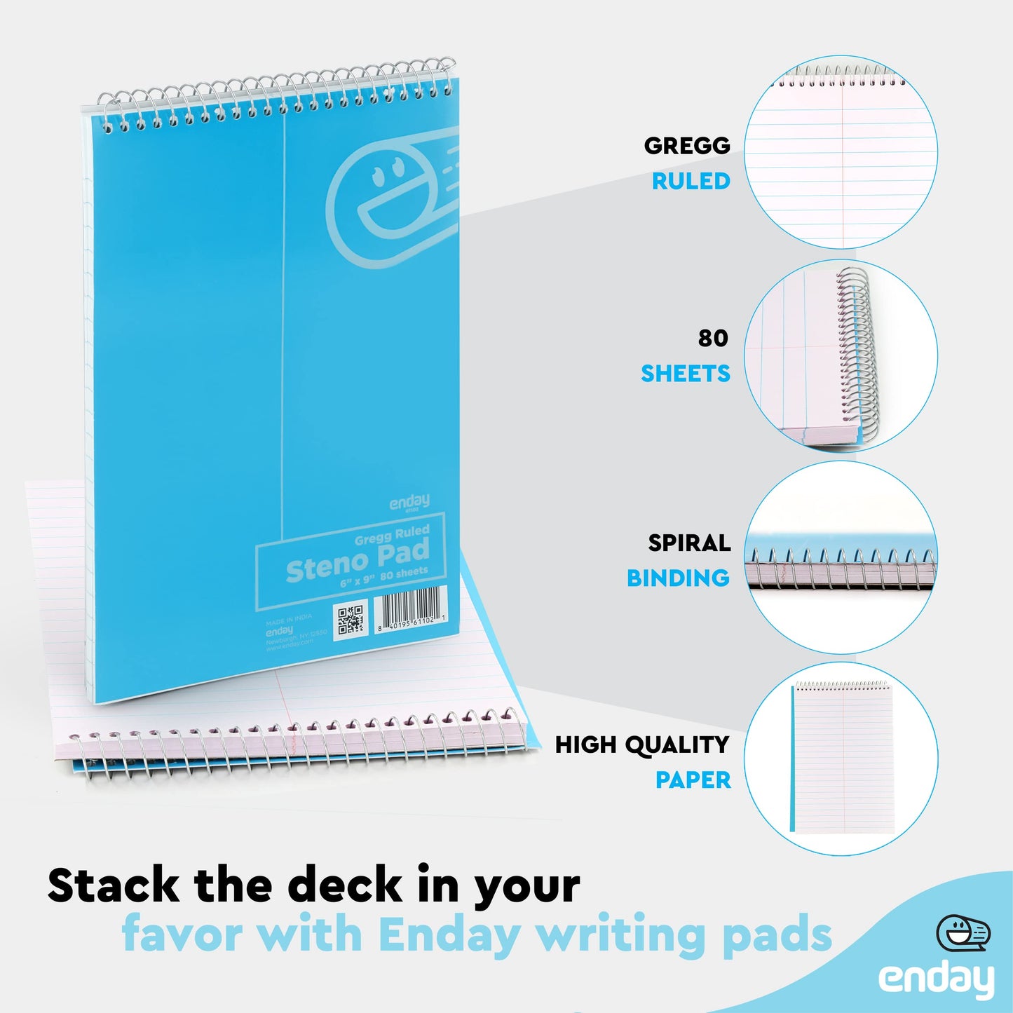 Enday Steno Pads Spiral 6 x 9 inches, Gregg Rule White Paper, 80 Sheets Steno Notebook for writing in Pink, Purple, Green, Blue, Red, Grey, Color May