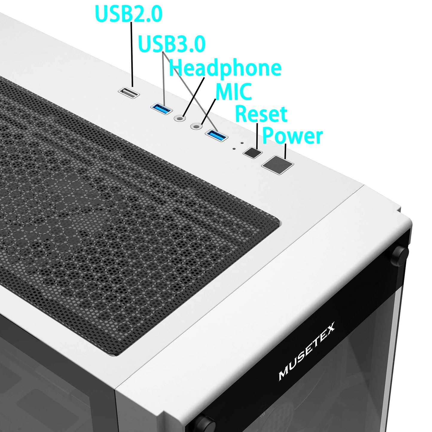 MUSETEX 5×140mm & 1×120mm ARGB Fans Voice Remote Control Mid-Tower Case with 2 PCS x USB 3.0 Ports Tempered Glass Panels PC Gaming Case Computer