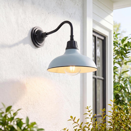 JONATHAN Y 12.25" Matte Silver Blue/Black Farmhouse Industrial Outdoor Sconce, LED Gooseneck Wall Light for Porch, Metal Bowl Shade, Dimmable Vintage