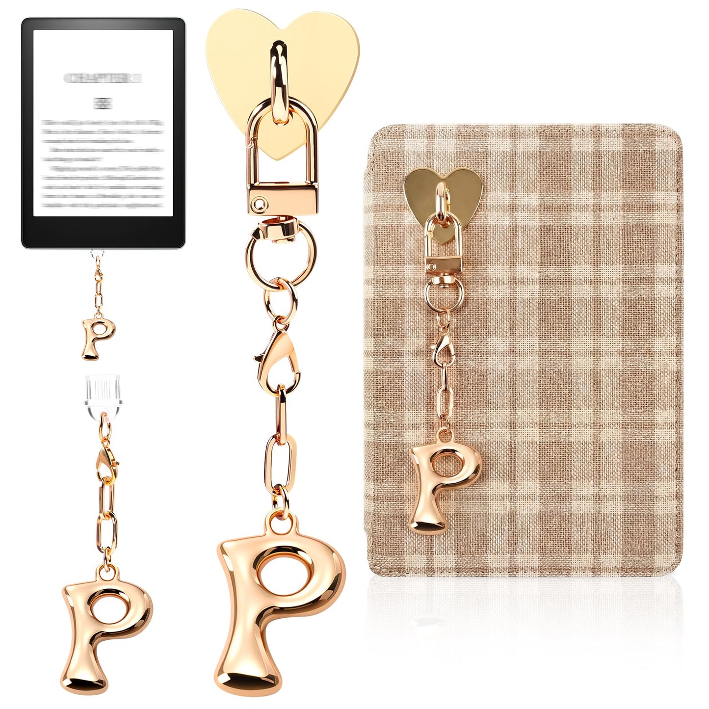 Kindle Dust Plug Charm & Chain, Alphabet Letter Charms with Removable Heart Hook, Type-C Charger Port Dust Plug Accessories Compatible with Kindle