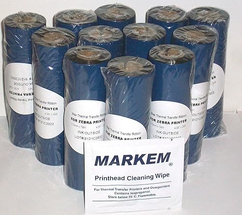 12-Pack Zebra Compatible Standard Resin-Enhanced Wax 110mm x 74m (4.33" x 244') Black Thermal Transfer Printer Ribbon w/PH Cleaner.