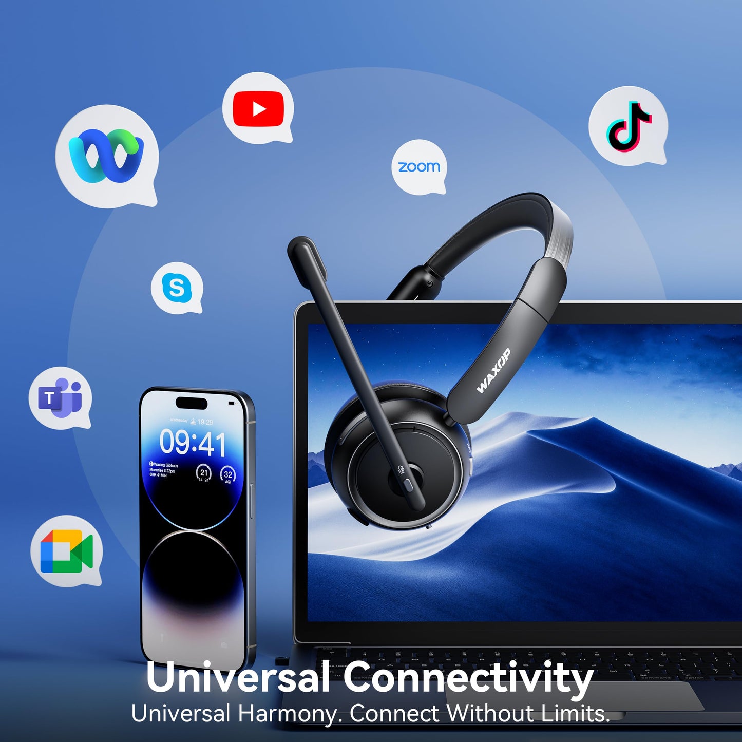 Waxop Wireless Headset with Mic for Work, Bluetooth Headset with Noise Cancelling Mic & Mute Button, Wireless Headsets with Mic for Remote