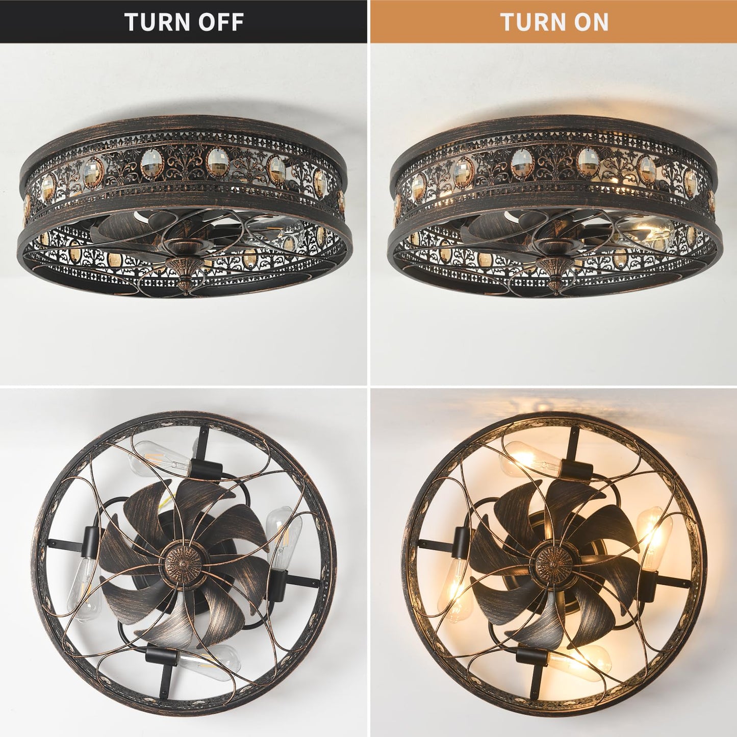 HHYMYuan 20" Flush Mount Fandelier Ceiling Fan with Lights,Black Caged Fan