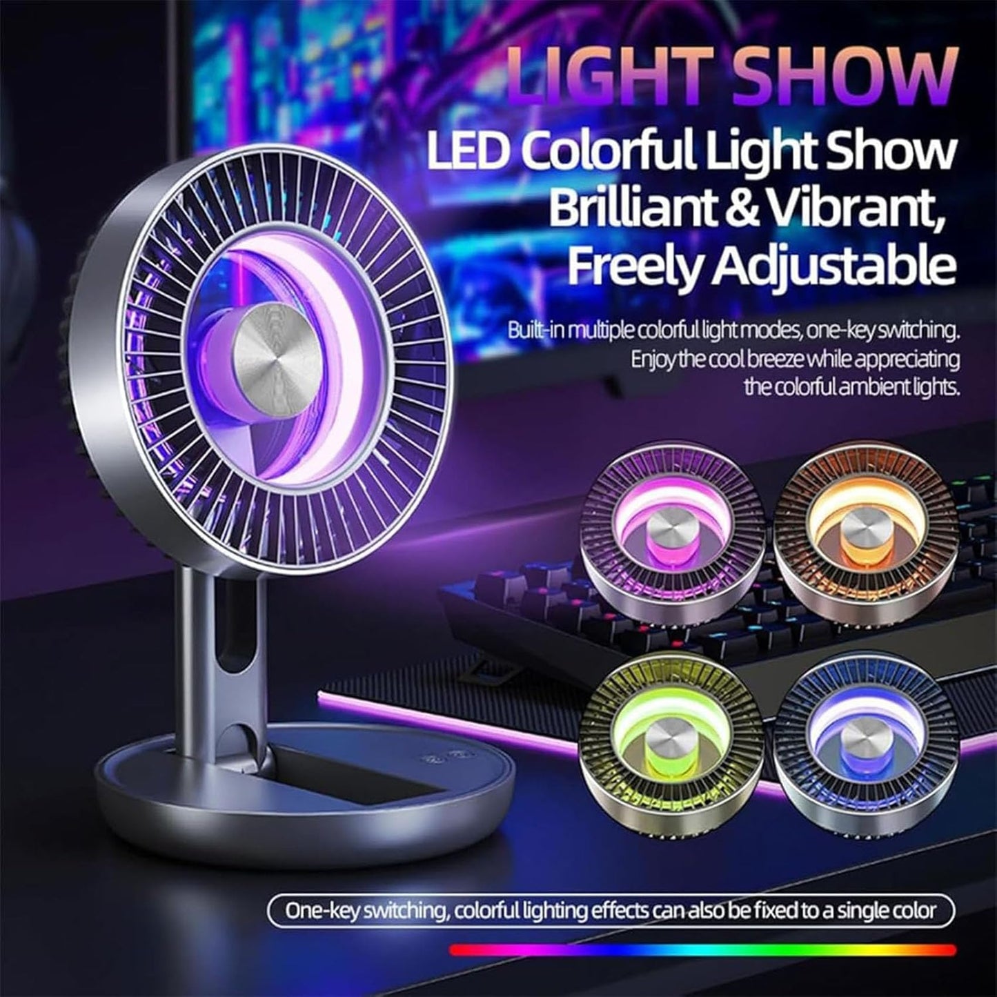 Lunkun 3-in-1 USB Desk Fan with Colorful LED Light, 2026 New Foldable Multi-Angle Quiet Mini Fan, 5-Speed Adjustment Portable Table Fans, Magnetic