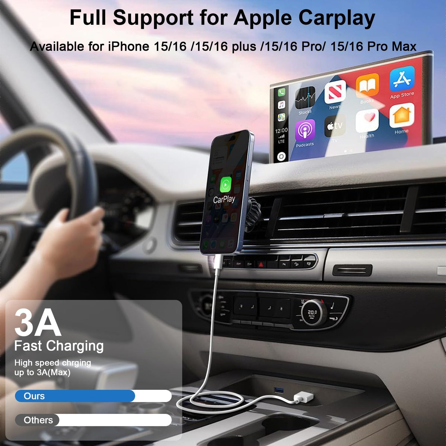 hibiker Car Carplay Cable for iPhone 16 15 Pro Max/Pro/Plus,USB to USB C Cable [1FT+2FT+3FT] for Car Charger Adapter,Carplay USB C Cord Accessories