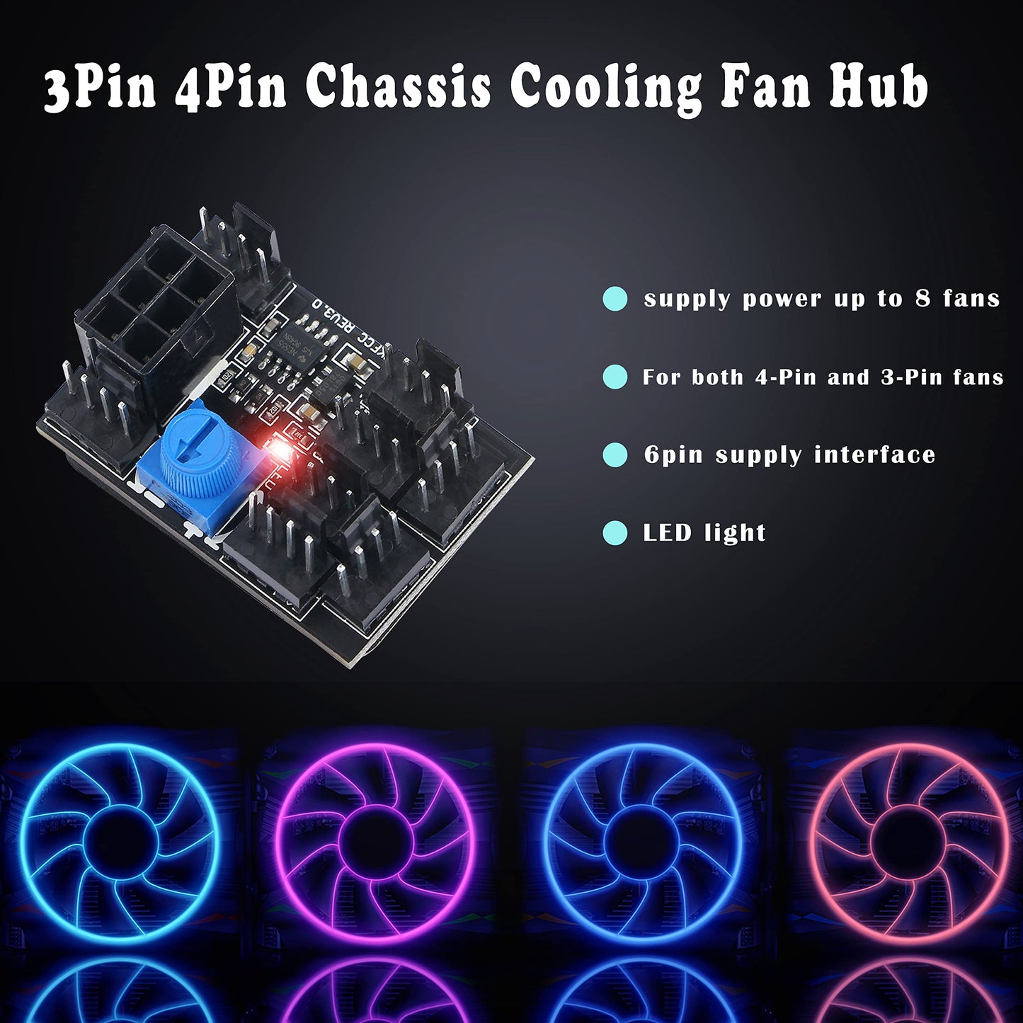 MEIRIYFA 4 Pin Fan Adapter PWM PC Chassis Cooling Fan Hub 8 Way Splitter DC12V Speed Controller with 6 Pin Power Port,Chassis Fan Pressure Regulating