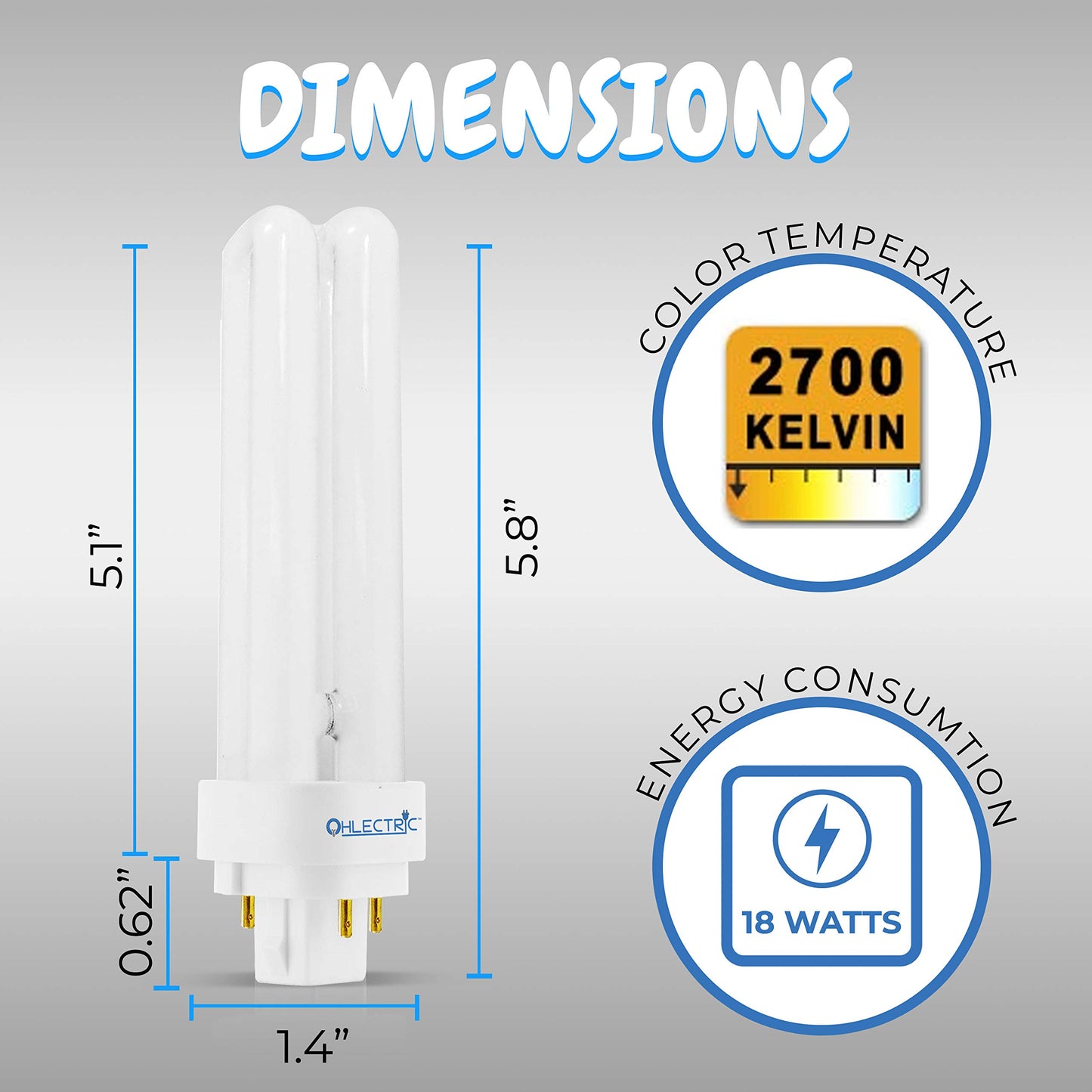 OHLECTRIC 18-watt Fluorescent Lamps with End-of-Life Protection - G24q-2 Base Light Bulb - Double Tube Compact Fluorescent Lamps - 12,000 Hours