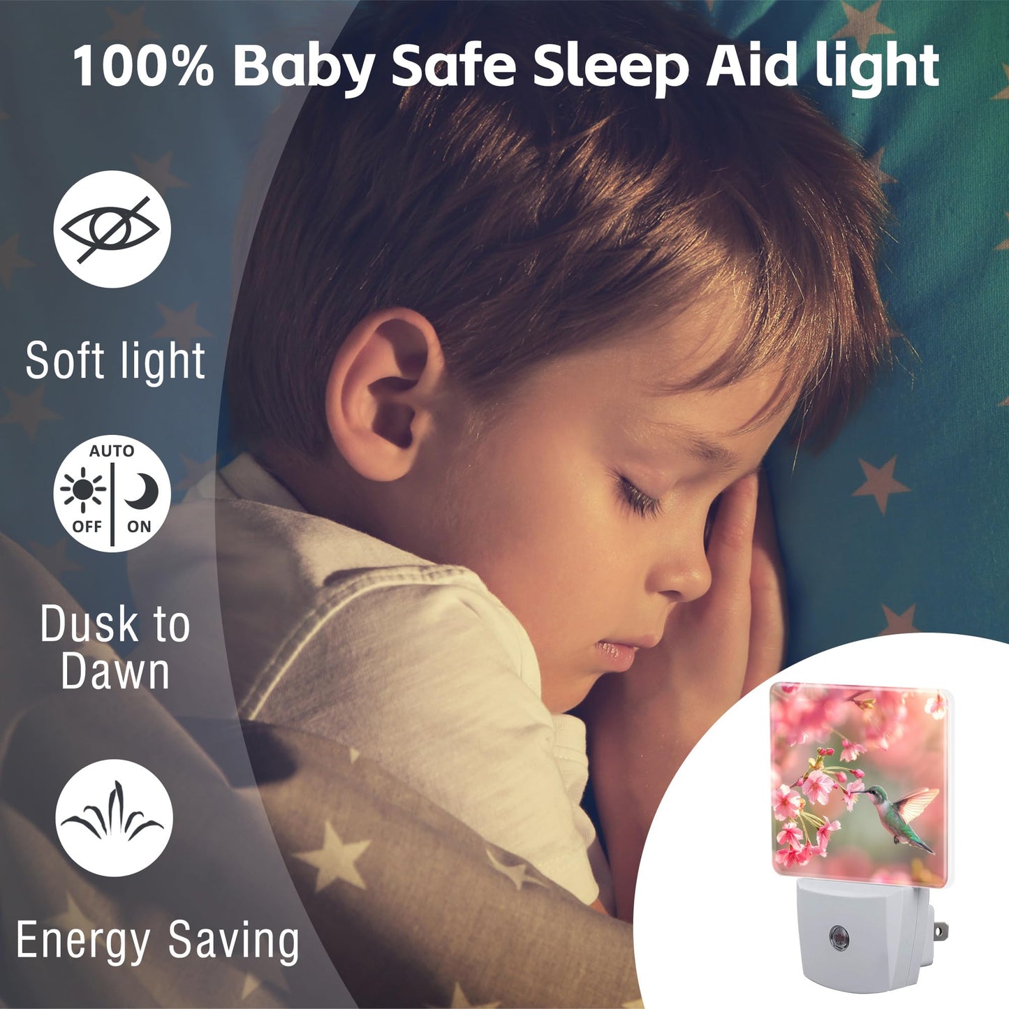 sndheke Hummingbird with Cherry Blossoms Night Light Plug into Wall, Pink Flowers Bird Dusk to Dawn Night Light Plug in,0.5w Energy Saving Sleep
