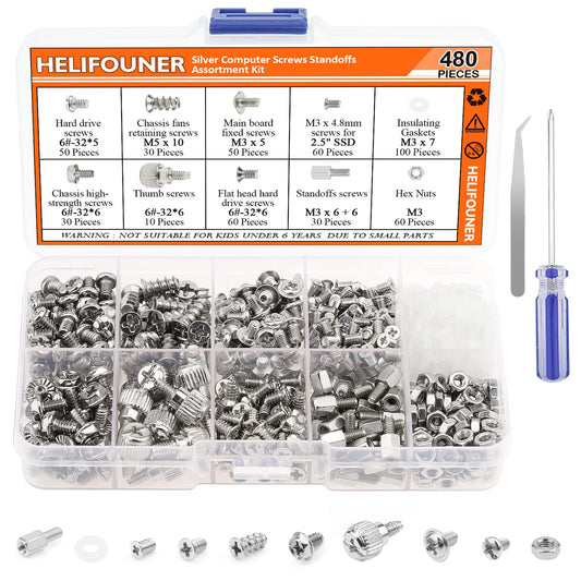 HELIFOUNER 480 Pieces Computer Standoffs Screws Assortment Kit for 2.5" SSD, Hard Drive, Computer Case, Motherboard, Fan Power Graphics