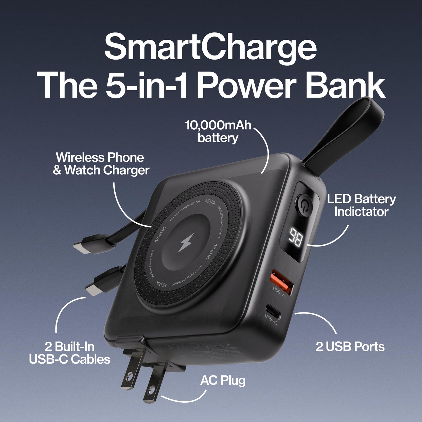 Statik SmartCharge Power Bank, 5-in-1 Travel Charger with Wall Plug & Built-in USB C Cables, Watch Charger for Apple Watch, 10000mAh & European