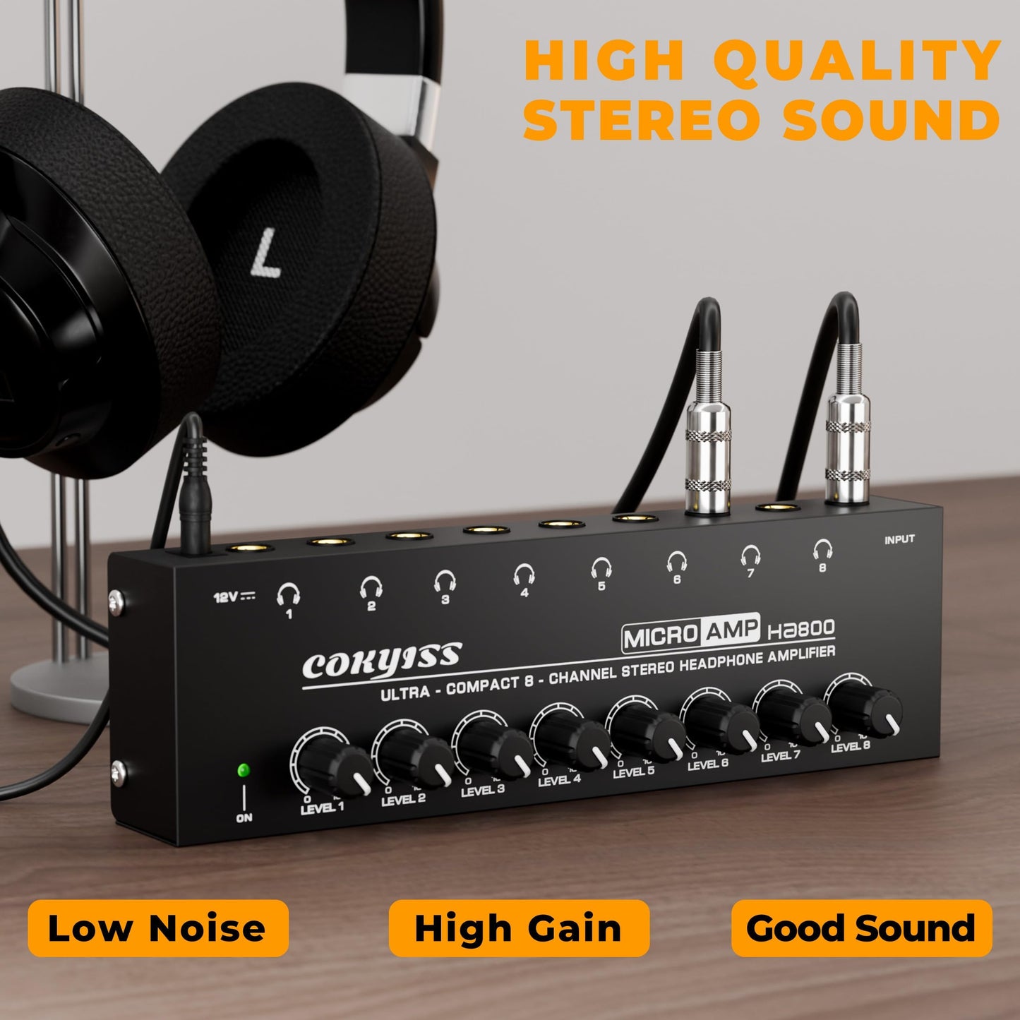 COKYISS® 8-Channel Headphone Amplifier with 9 Adapters - Portable Ultra-Low Noise Multi-Port Stereo Headphone Distributor (8 Output/1 Input)