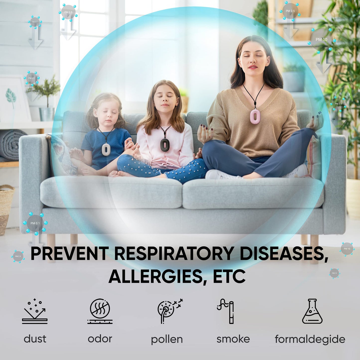 Wearable Air Purifier Necklace - Portable Personal Ionizer - Rechargeable Travel-Size Air Cleaner - Removes Dust Allergen Odor Viruses Bacteria - Use