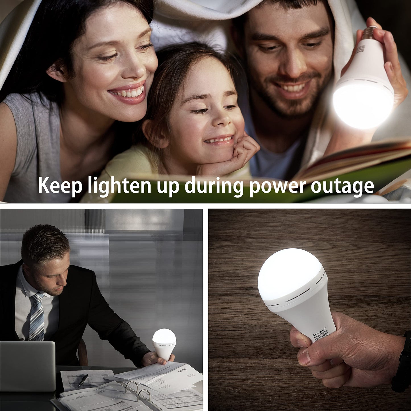 Reveforly Rechargeable Emergency Light Bulb, 1500mAh 15W 80W 6000K Daylight White Battery Light Bulb with 4 Pack Battery Backup LED Bulb for Home