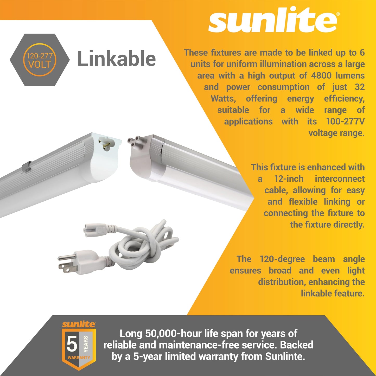 Sunlite 4FT T8 Integrated Linkable Linear LED Strip Light Fixture, 32 Watts, 4800 Lumens, 100-277V, 5000K Daylight, 120 Degree Beam Angle, ETL Listed