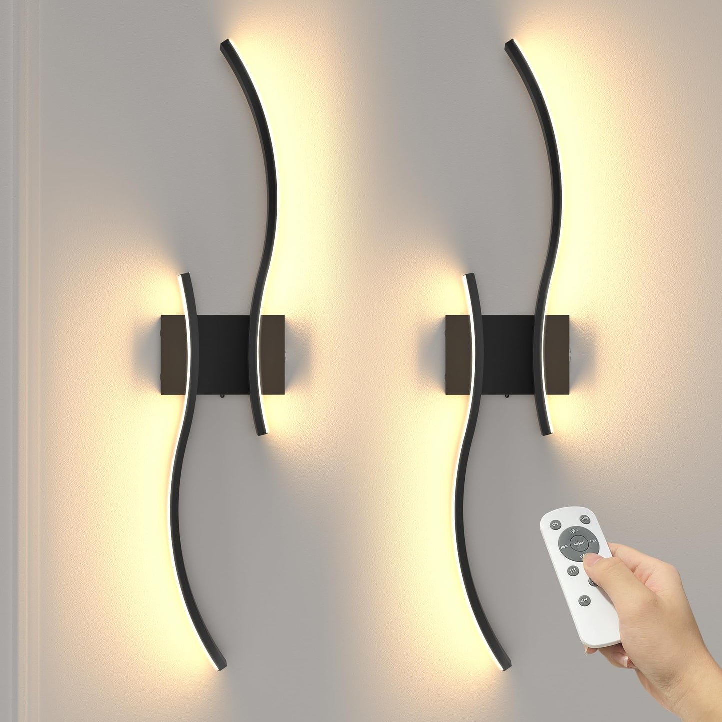 NIORSUN 27.6 Inch Battery Operated Wall Sconce Set of 2, Black Modern Rechargeable Wall Lights with Remote, 3CCT Dimmable Wireless Wall Lamp