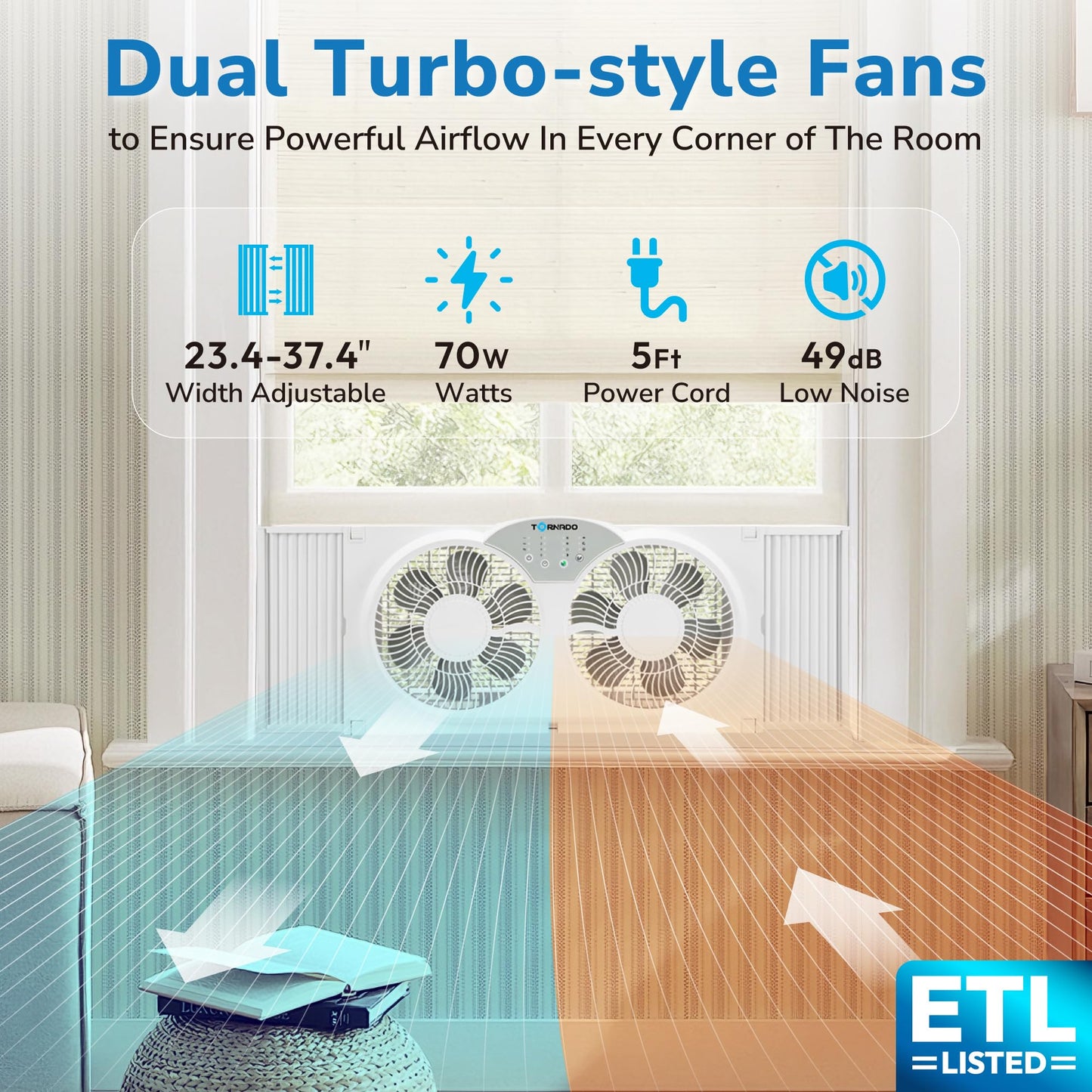 Tornado 9 Inch Dual Window Fan with 8-Hour Timer and 3-Speed Settings, 23.5-36 Inch Expandable, 3 Function Modes (Cooling/Exhaust/Circulation)