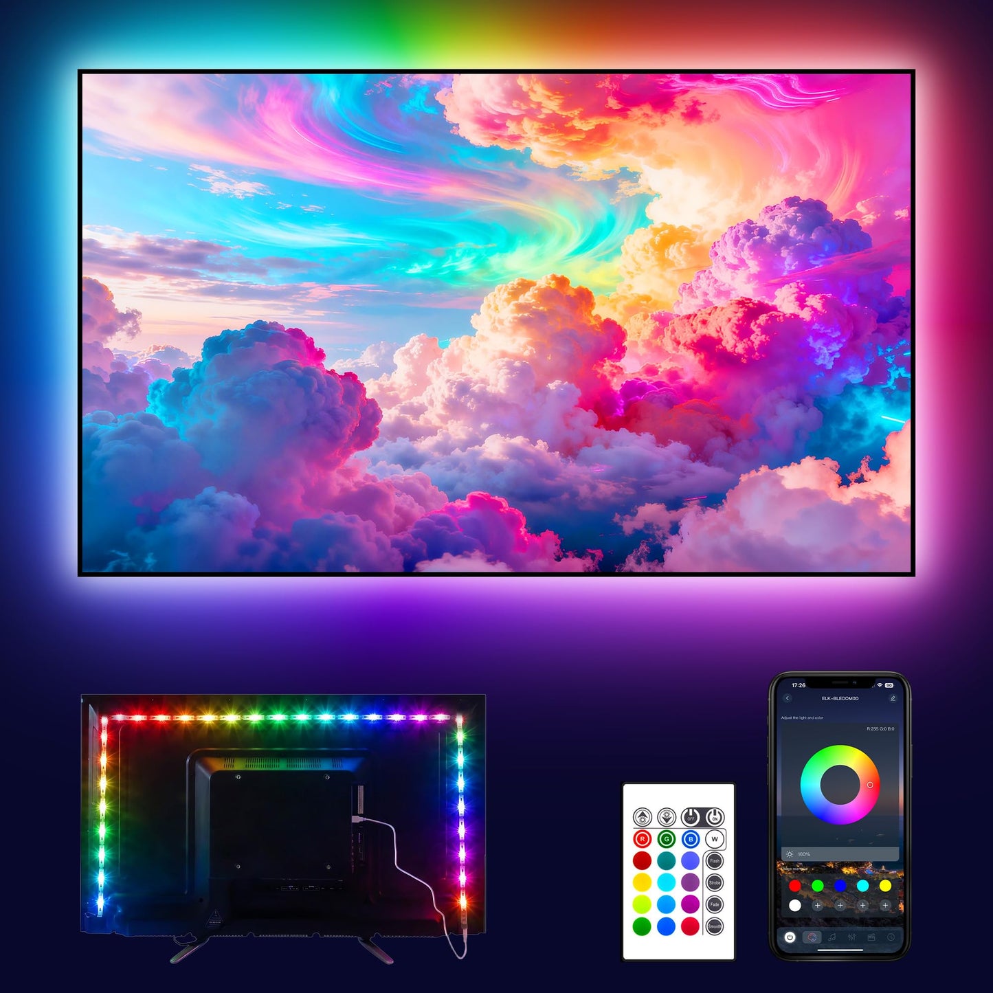 PANGTON VILLA TV LED Backlight for 40-60 Inch TV, 8.2ft LED Lights for TV with Bluetooth APP & Remote Control, 16 Color Led Strip Lights Changing TV