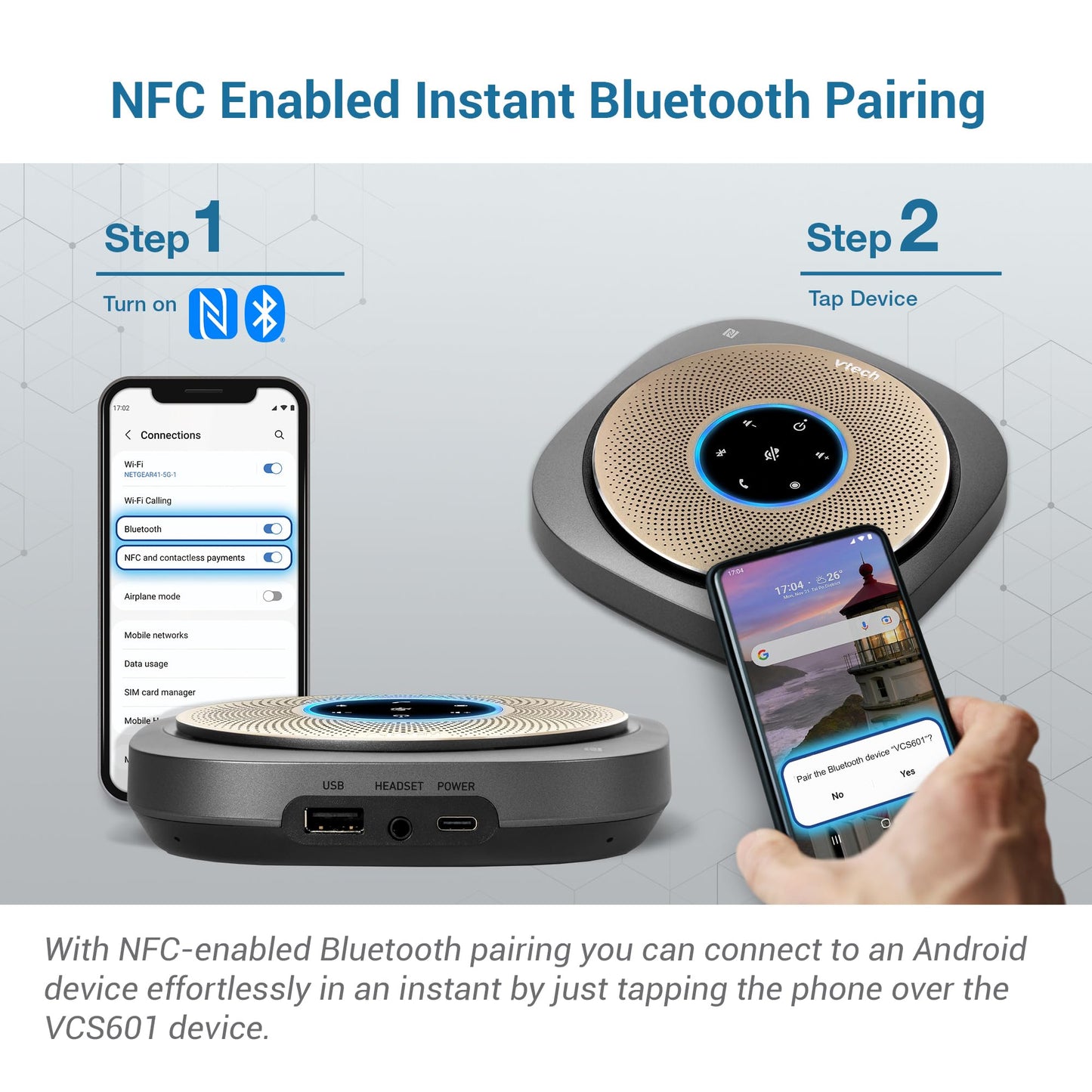 VTech VCS601-2 Bluetooth Conference Speakerphone - 360° Premium Voice Pickup with 6 Microphones, Smart NFC Connect, 24H Call Time with HD Audio