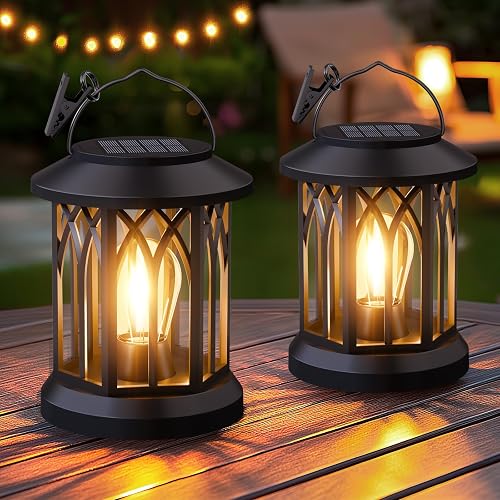 Hanging Solar Lanterns Outdoor Waterproof - 2 Pack Lanterns Decorative Outdoor Patio Decor with Clip Solar Lantern for Outside - Outdoor Lanterns