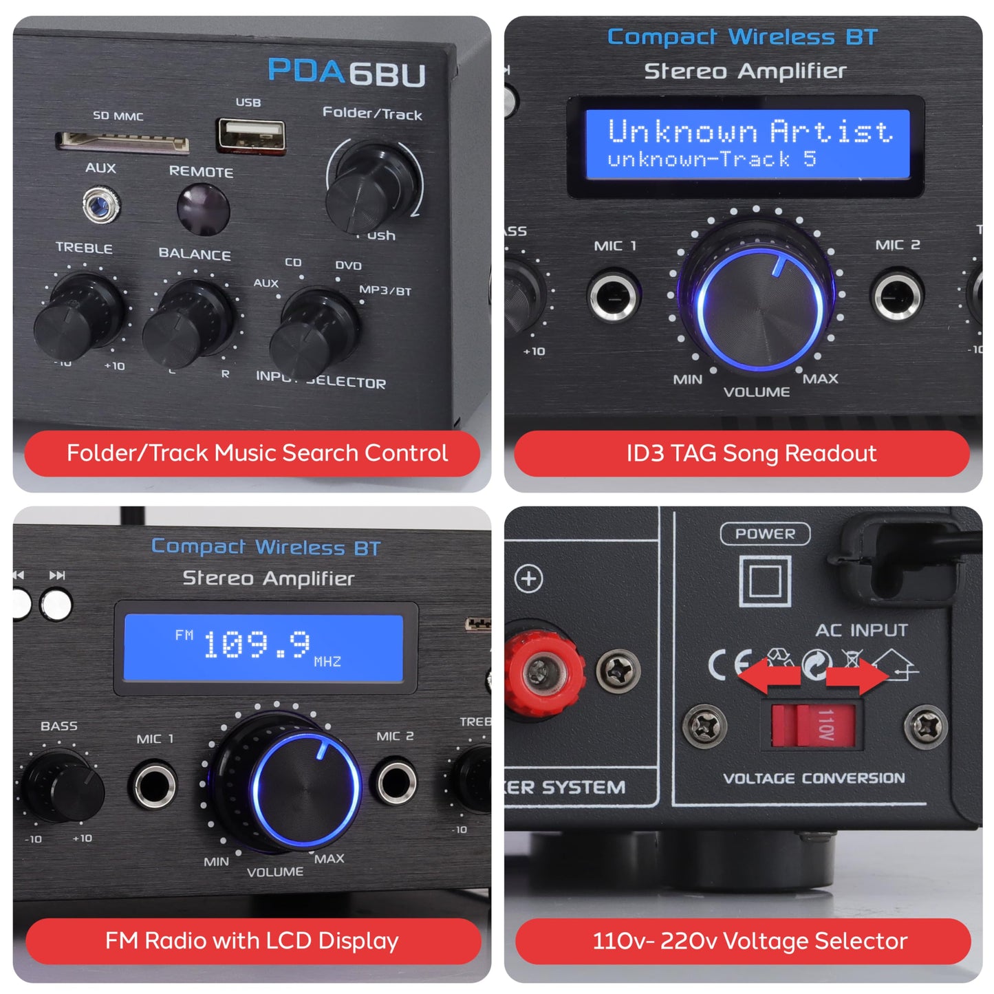 Pyle Wireless Bluetooth Power Amplifier System- 200W Dual Channel Sound Audio Stereo Receiver w/ USB, SD, AUX, MIC IN w/ Echo, Radio, LCD, For Home