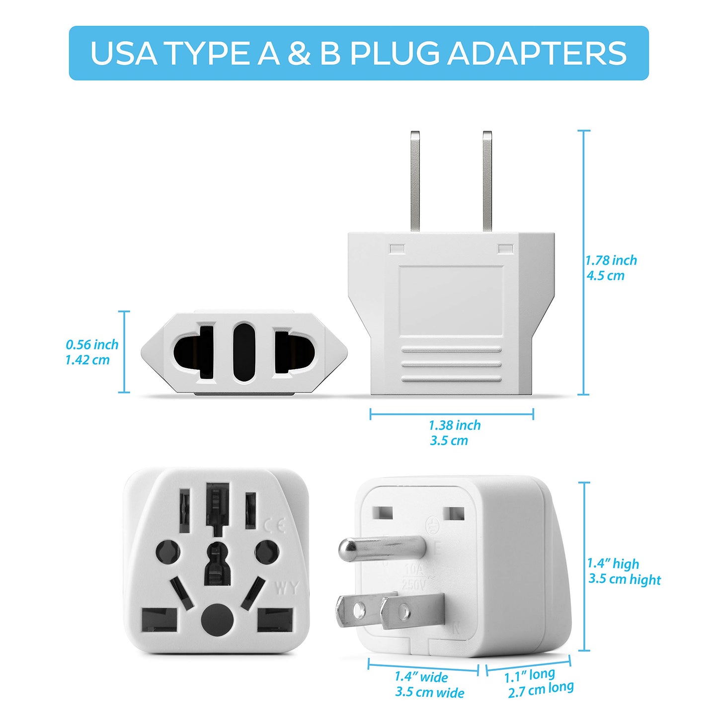 Europe to US Plug Adapter EU/UK/AU/in/CN/JP/Asia/Italy/Brazil to USA (Type A & B) American Travel Adapter and Converter, Wall Outlet Power Charger…