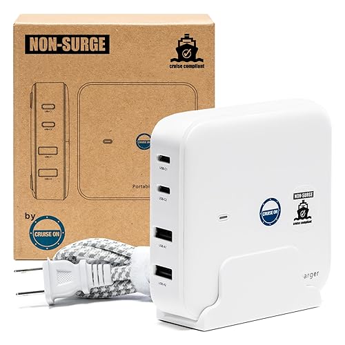 Cruise Approved Power Strip (incl Royal Caribbean, Disney, MSC, Celebrity) - Non Surge USB Charger [2 USB, 2 USB-C] 4 Port Charging, 3.8ft Cord