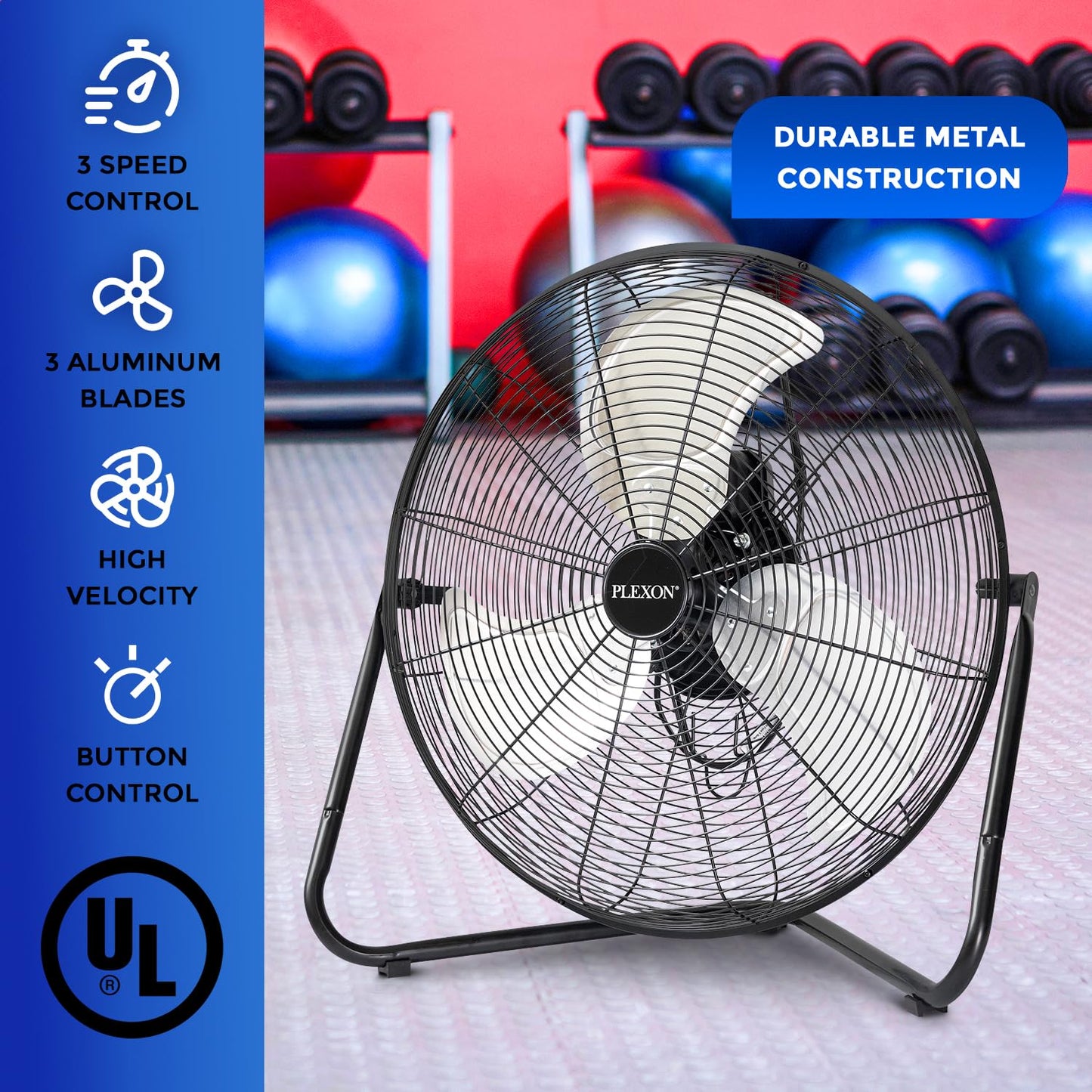 Plexon 20" High Velocity Floor Fan, Industrial Metal Shop Fan, 4200 CFM