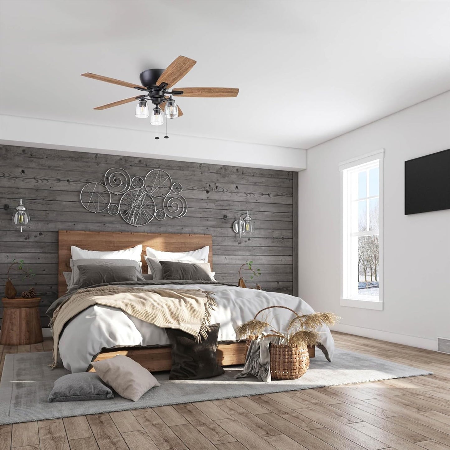 Prominence Home Arthur, 52 inch Industrial Farmhouse Flush Mount LED Ceiling Fan with Light, Pull Chain, Three Mounting Options, Dual Finish Blades