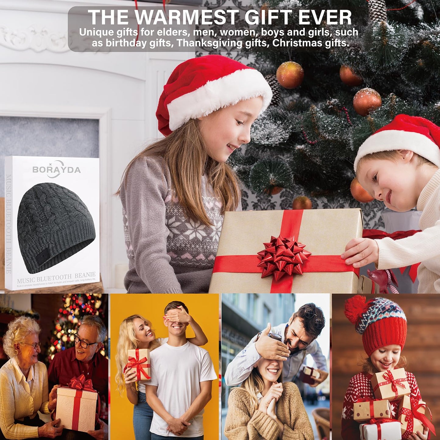 BORAYDA Bluetooth Beanie, Bluetooth 5.2 HD Stereo,30 Hours Play time,Built-in Microphone, Men's/Women's Christmas Electronic Gift (Charcoal)