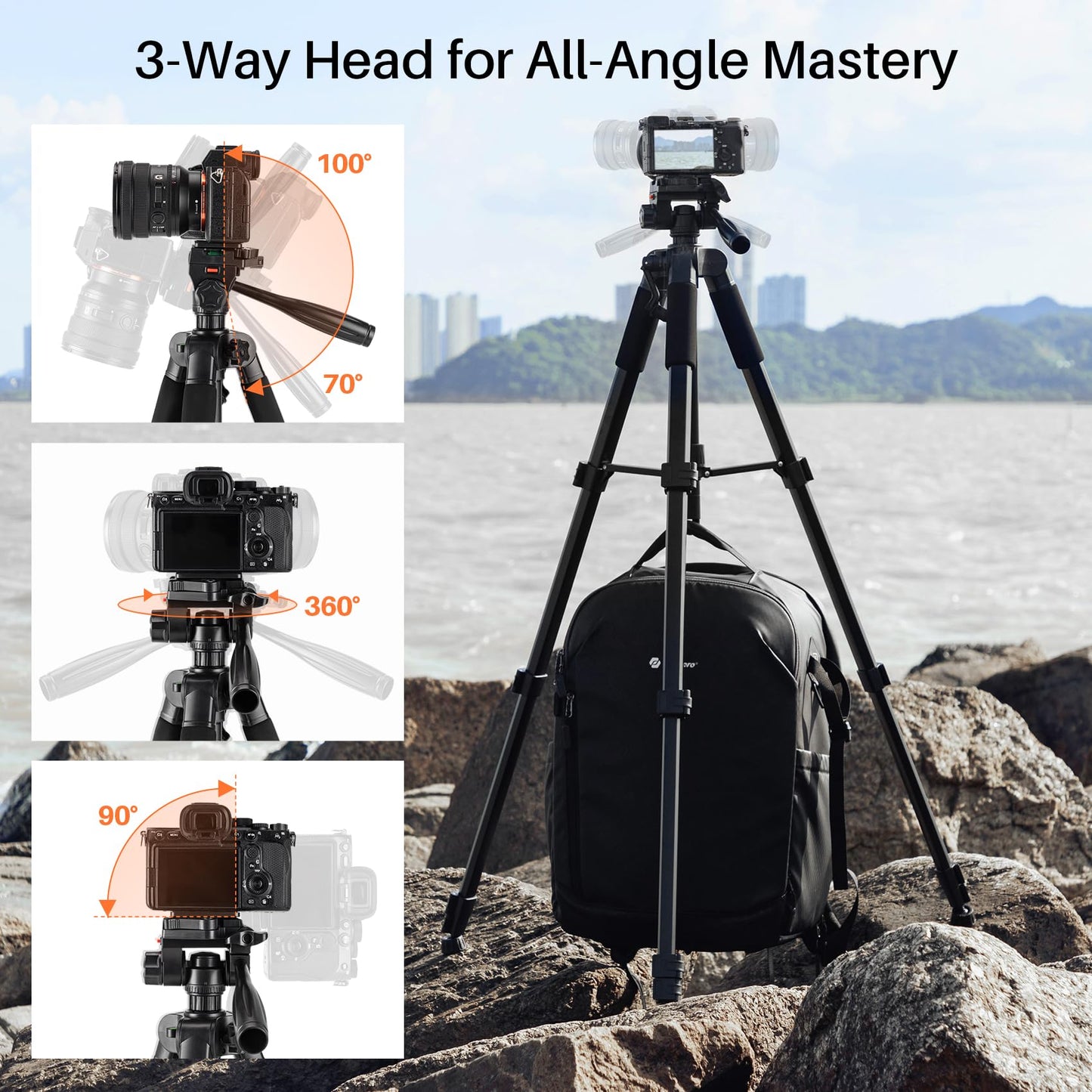 74'' Camera Tripod, Fotopro Lightweight Aluminum Travel Tripod for DSLR Camera and Phone with Detachable 3-Way Pan-Tilt Head Carry Bag and Mount Phone