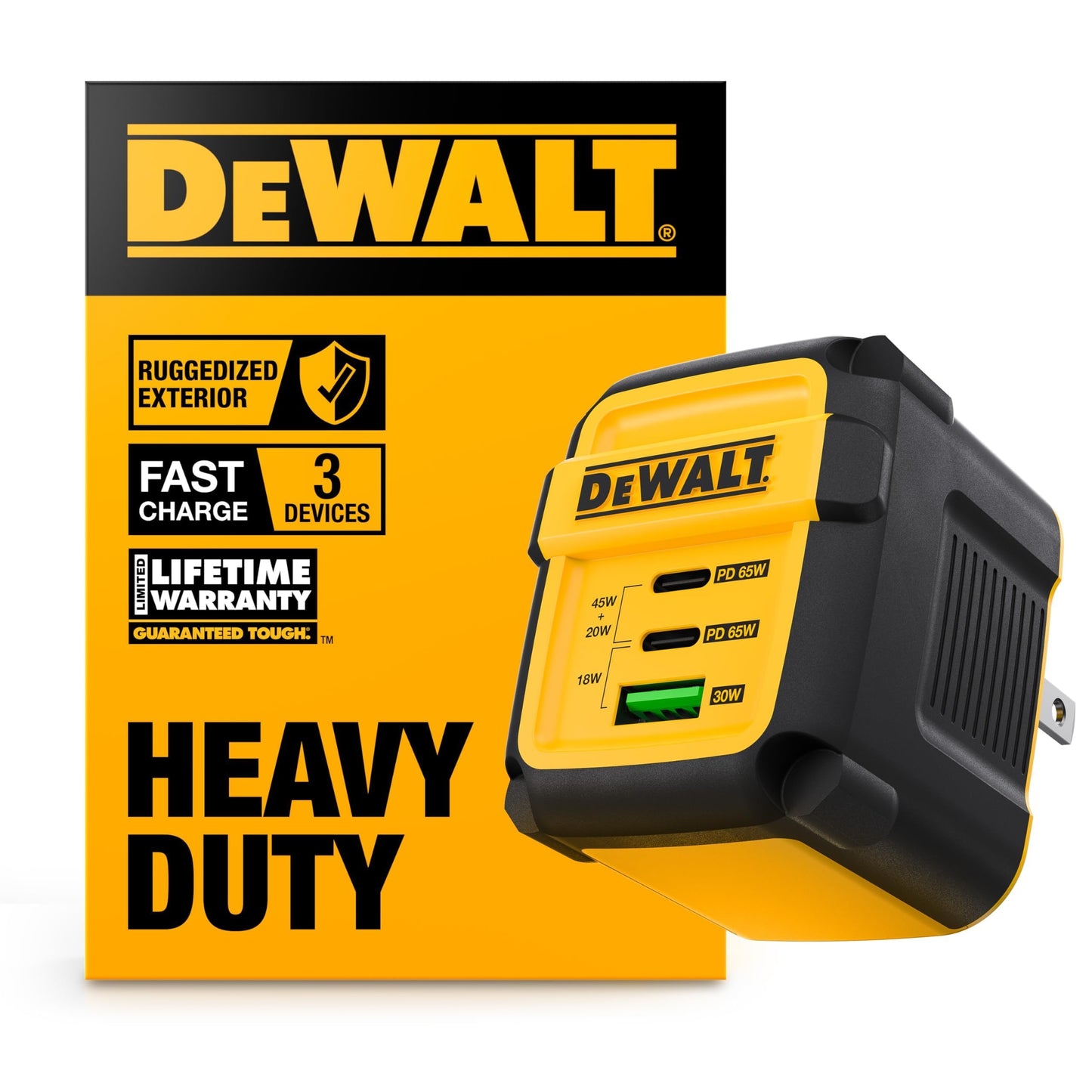 DEWALT Heavy Duty 3 Port Dual USB C Charger Block, USB C Power Adapter GaN Charger (65W), PPS 3-Port Fast Compact Foldable for MacBook Pro/Air iPad