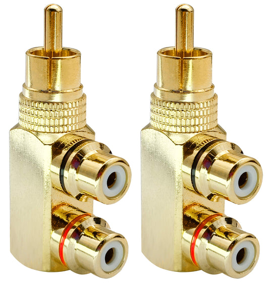 AAOTOKK 1RCA Y Splitter Adapter,Gold-Plated 90 Degree Right Angle 1RCA Male to 2RCA Female Jack Audio Video Y Splitter AV TV Adapters Metal Connector