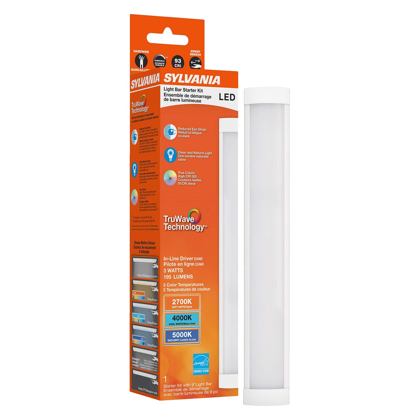 LEDVANCE Sylvania TruWave Natural Series 3-Way Selectable 9" LED Under Cabinet Light Starter Kit, Soft / Cool / Daylight, Hardwire - 1 Pack, 3 Watts