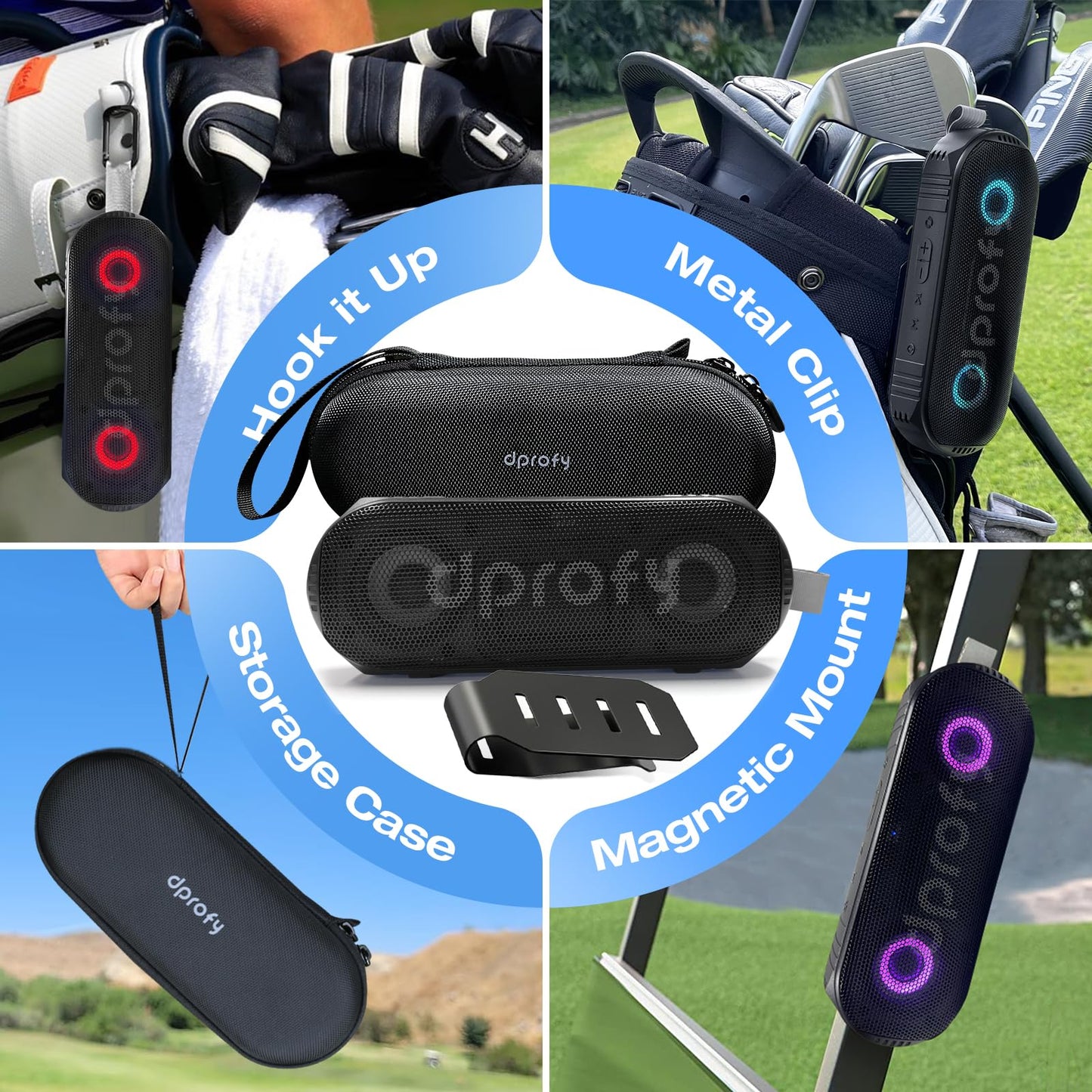 Dprofy New Play 2 Rounds, Magnetic Bluetooth Golf Speaker, Stereo Sound Portable Pro Wireless Waterproof Speaker with Rich Bass, Golf Accessories Golf