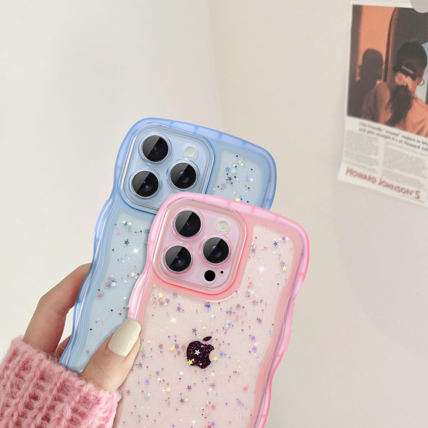 IAIYOXI Case for iPhone 14 Plus - Curly Wave Edge Design, Bling Glitter Star Shiny Case, Cute Pink Clear Full Protection Soft TPU Shockproof Cover