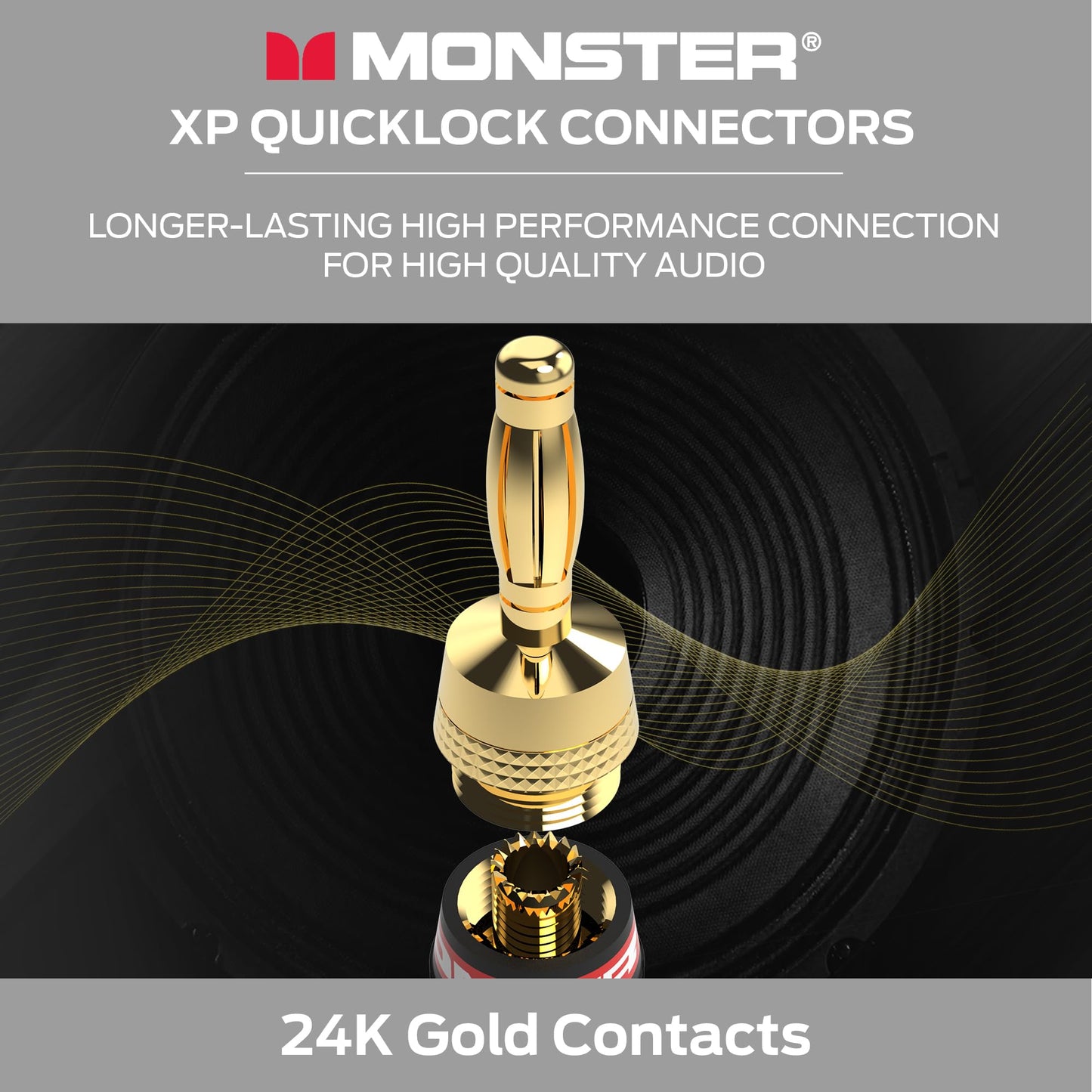 Monster XP QuickLock Banana Plugs for Speaker Wire, Self-Crimping Speaker Wire Connectors, 24K Gold-Plated Audio Connector Plugs, Color-Coded, 2 Pair