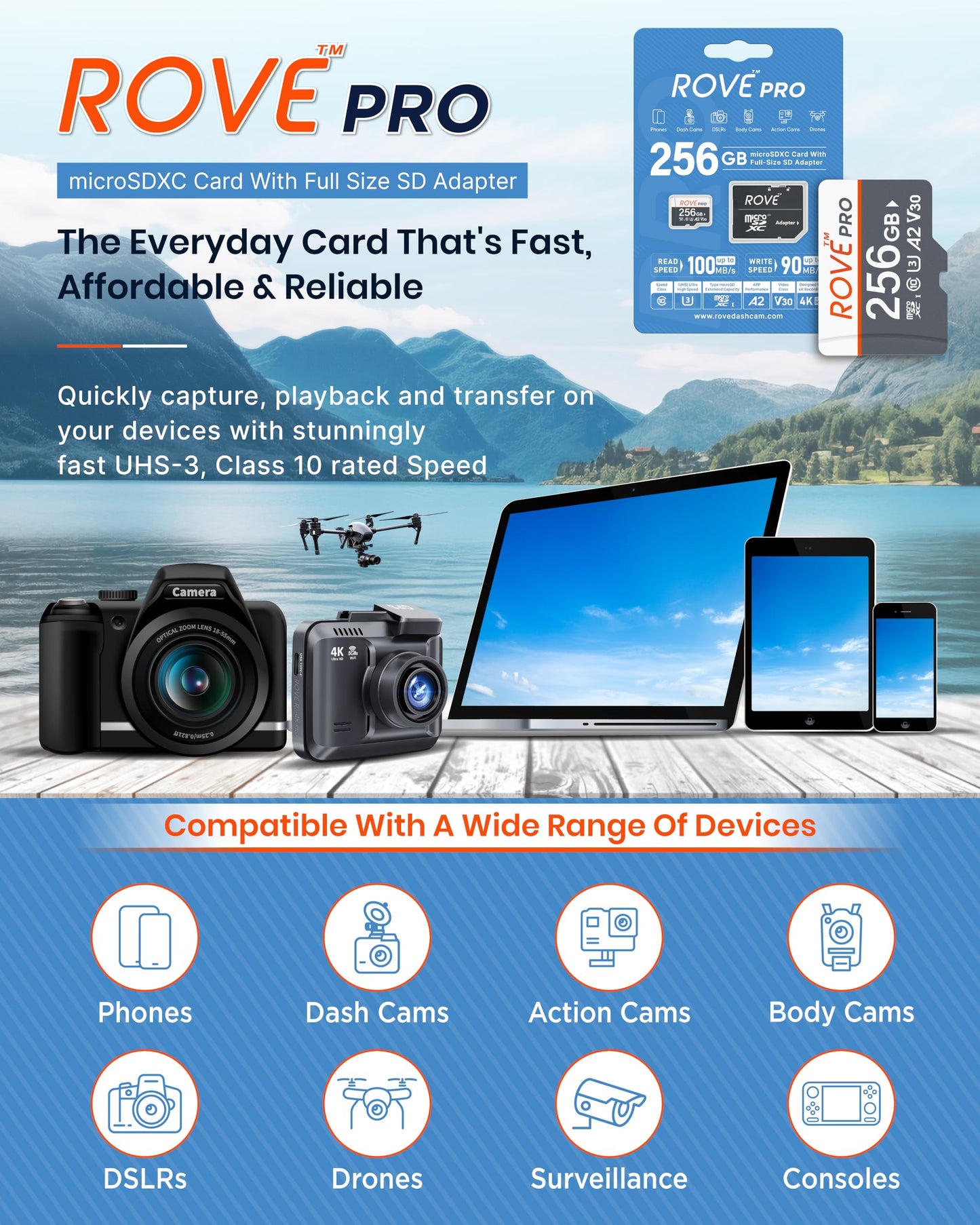 ROVE PRO Micro SD Card microSDXC 256GB Memory Card with Full-Size SD Adapter 100MB/s Read Speed, C10, U3, V30, 4K, A2 for Dash Cam, Android Smart