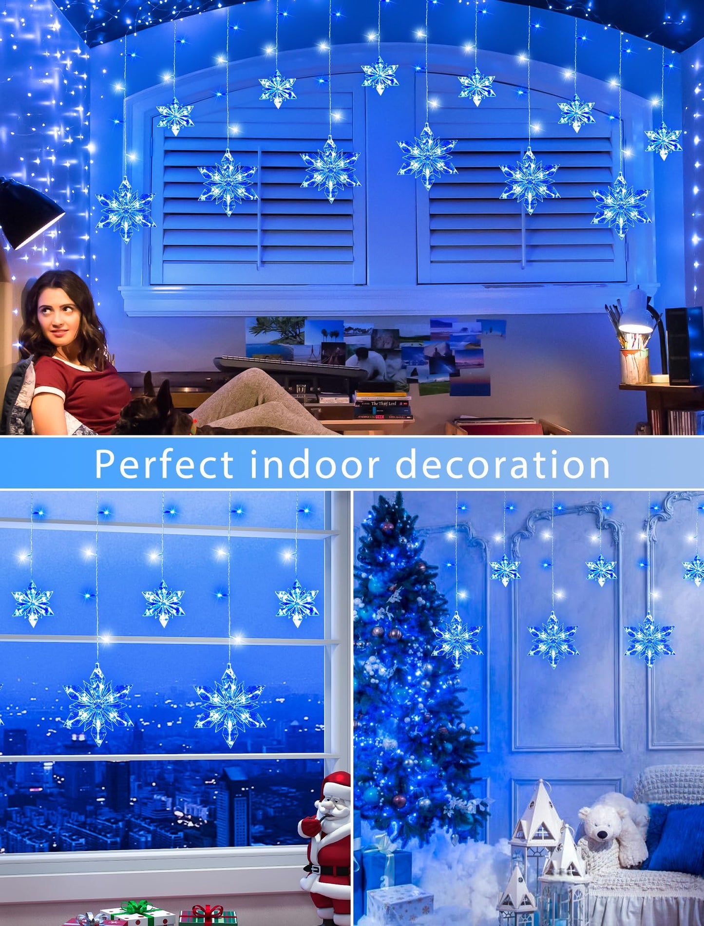 Qunlight Christmas Snowflake Lights,8.2ft 144LED Curtain Icicle Lights with 12 Drops,Connectable 8 Modes Timer Xmas Icicle Light Plug in