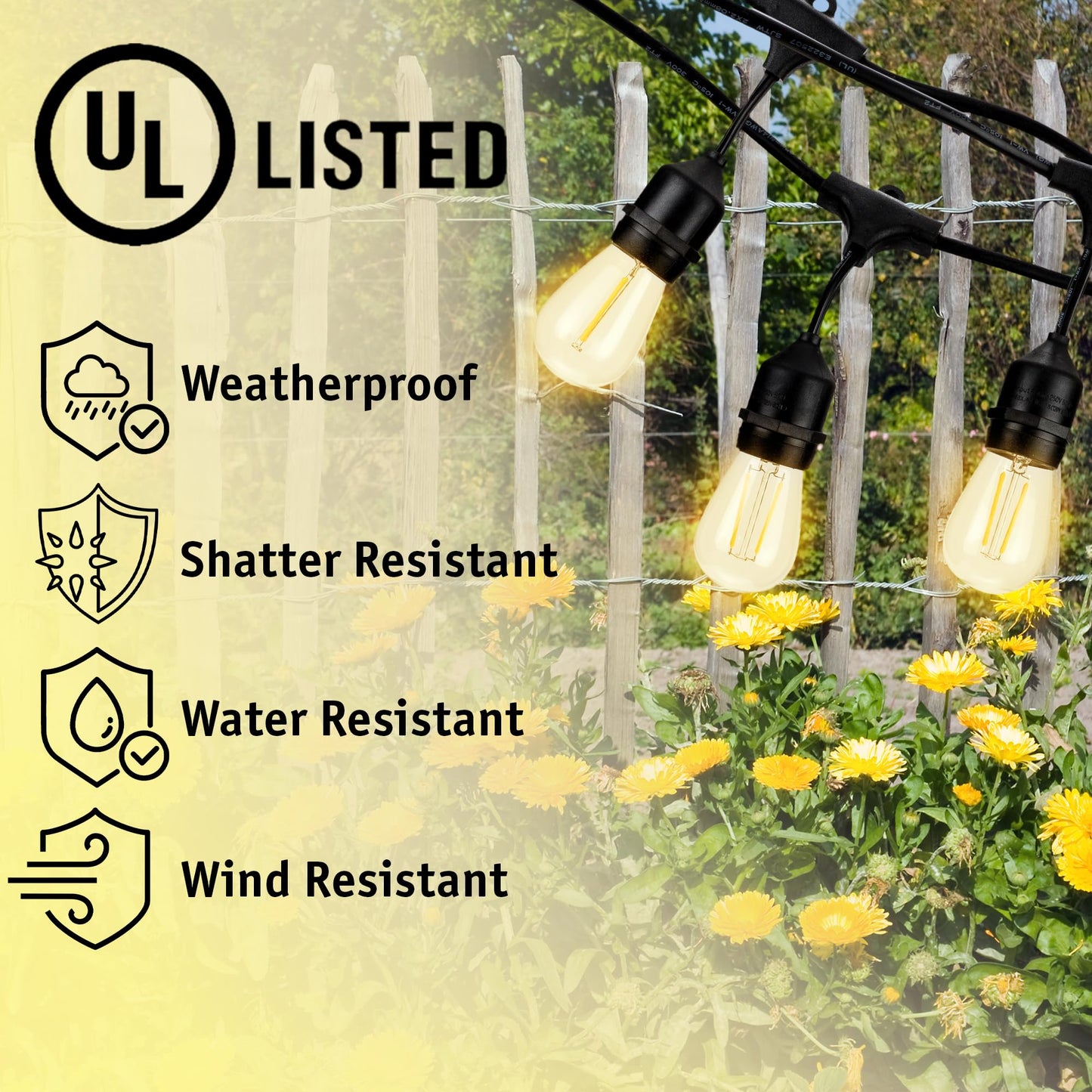 Holiday Lighting Outlet LED Outdoor Patio Lights | 46-Foot Hanging Outdoor String Lights | Includes 16 Dimmable 1.5 Watt Edison Filament Bulb Cafe