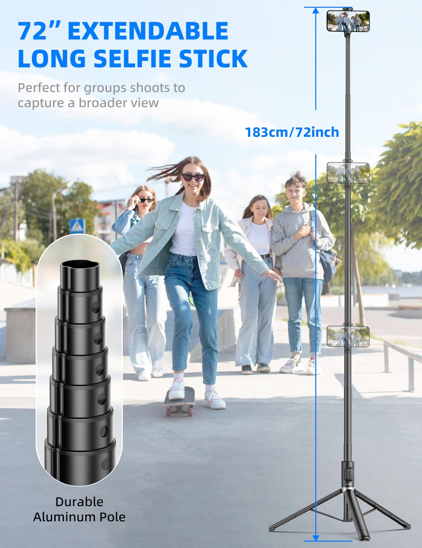 72" Cell Phone Selfie Stick Tripod, Aluminum Selfie Stick All-in-1 with Integrated Remote, Extendable Travel Smartphone Tripod Stand Compatible