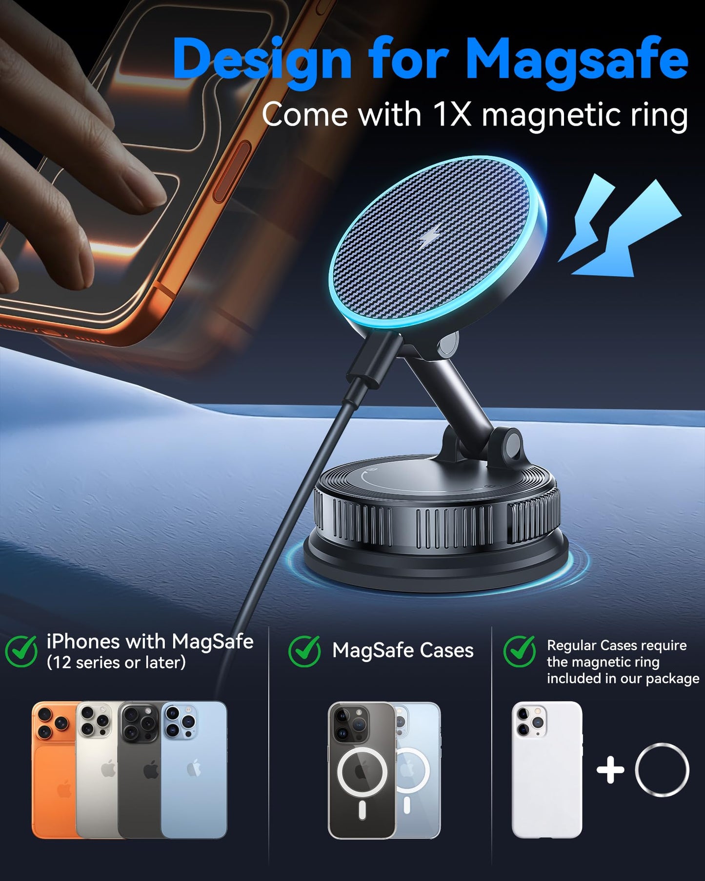 15W MagSafe Car Mount Charger, Magnetic Wireless Car Charger with Vacuum Suction Cup & Nano Adhesive Base, 360° Rotatable Strong Hold Car Phone Mount