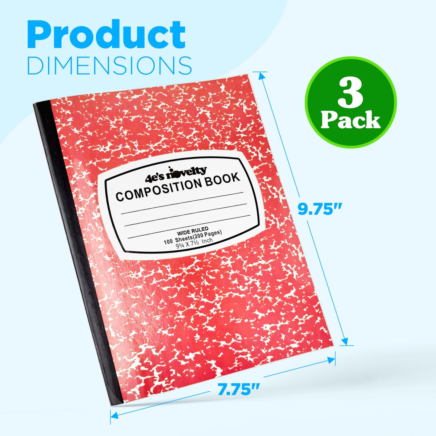 4E's Novelty Wide Ruled Composition Notebooks - Pack of 3-100 Sheets 9.75" x 7.5" - Hard Cover Red Blue Green Cute Marble Colors, Bulk Compositon Book