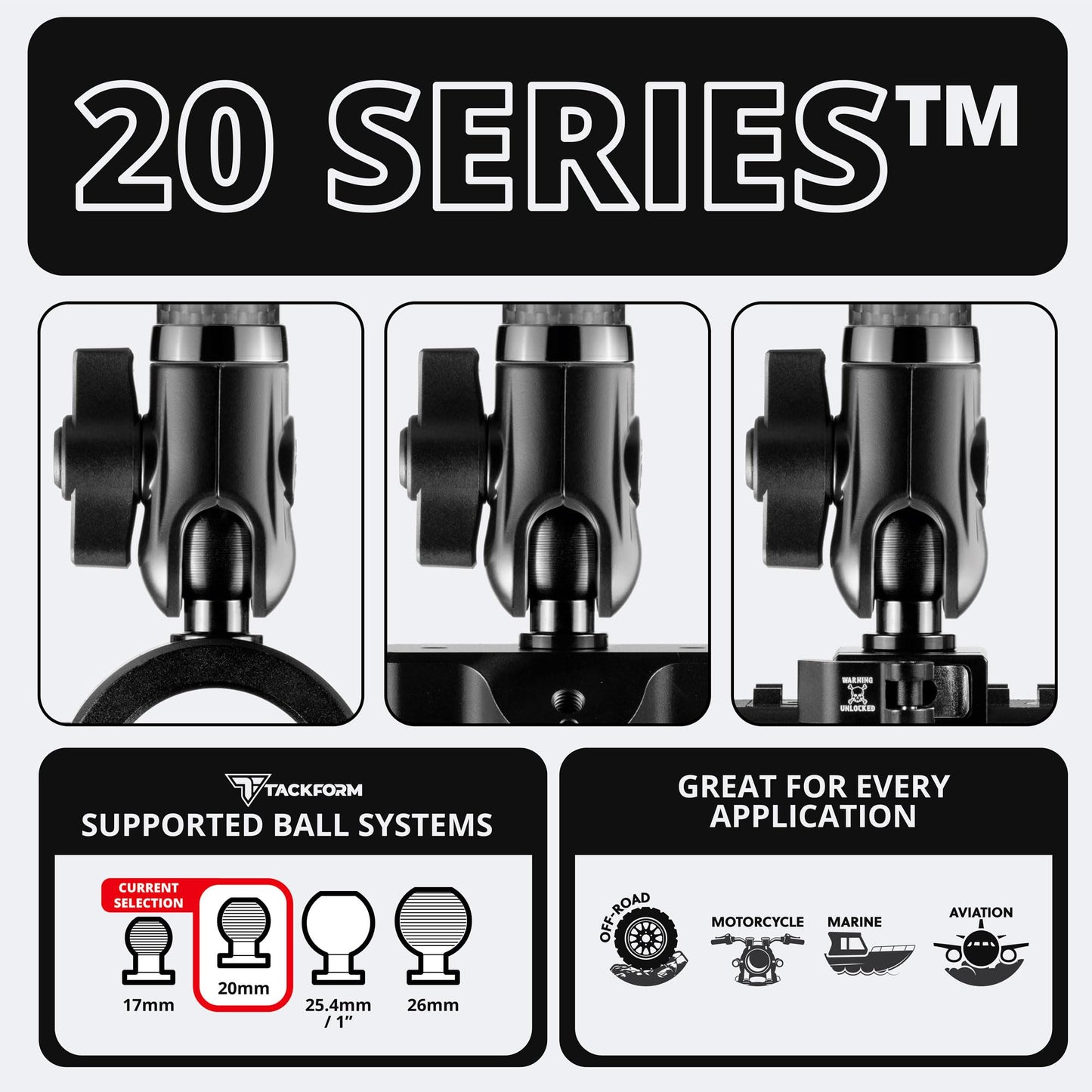 Tackform 7" Long 20mm Ball and Socket Arm DuraLock 20 Series Carbon Fiber Arm | Dual 20mm Sockets with Optional Anti-Theft Knobs | Black