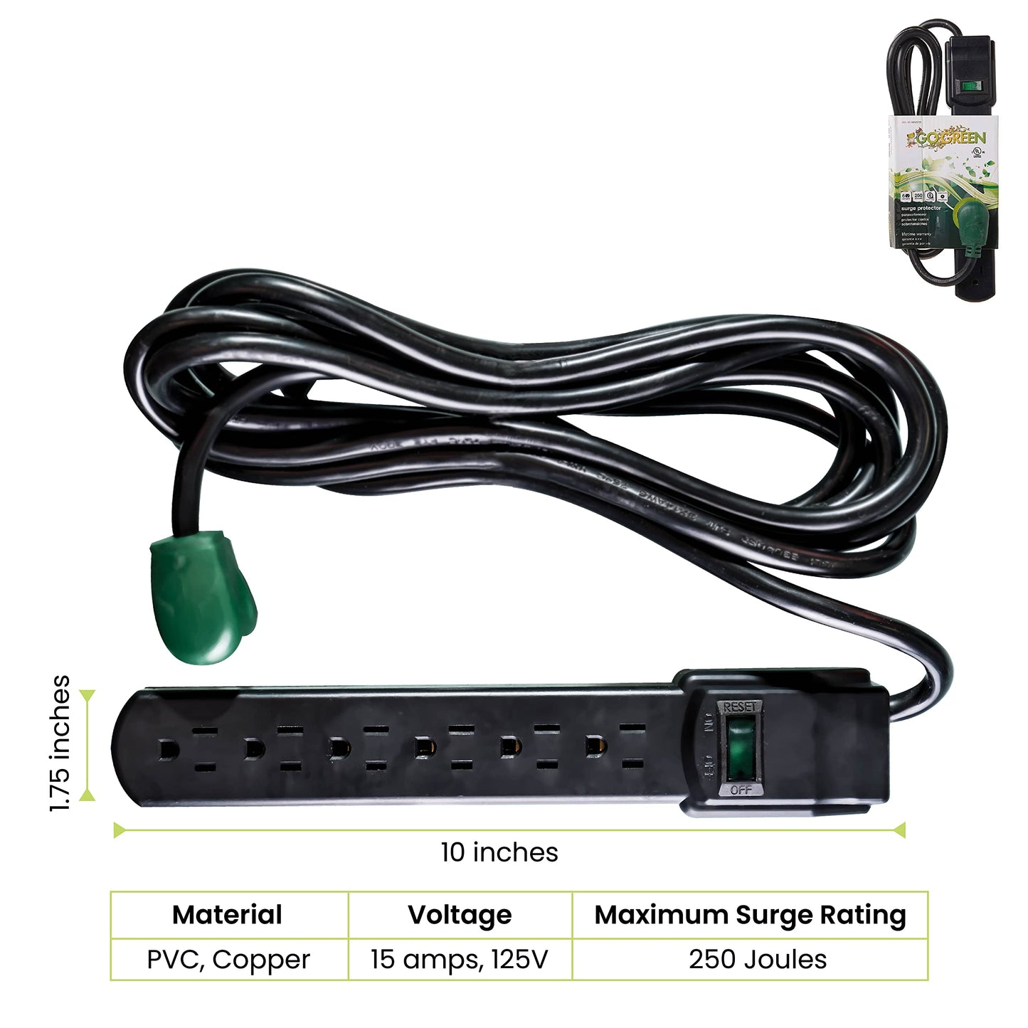 Power By GoGreen Go Green Power Inc. 6 Outlet Surge Protector, Black, 6ft Cord - 250 Joules, Circuit Breaker, Mountable, Great for in-Home Use