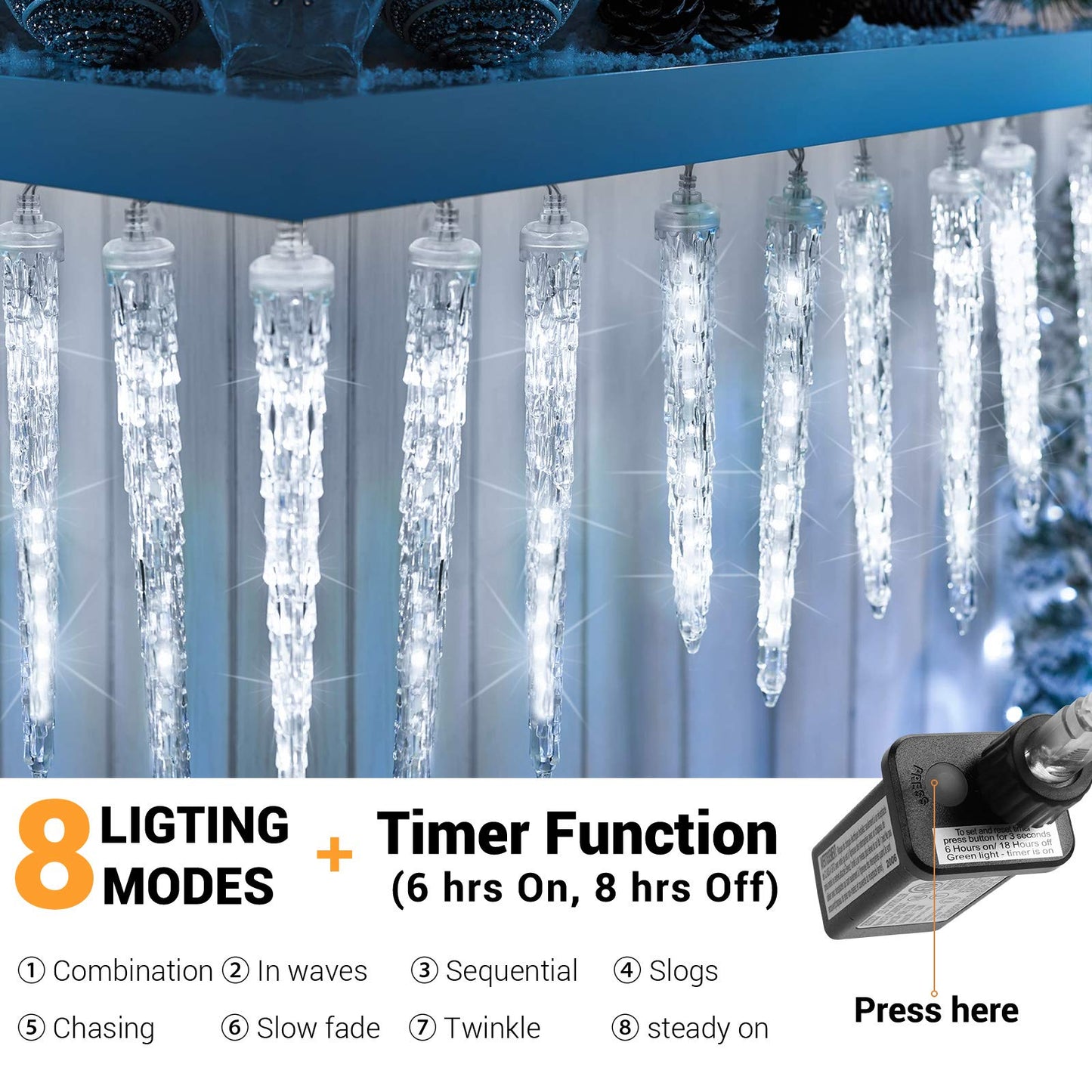 Toodour Christmas Icicle Lights Outdoor, 20 Tubes 90 LED Icicle Light with 8 Modes, Indoor Outdoor Crystal String Light, Connectable, Waterproof LED